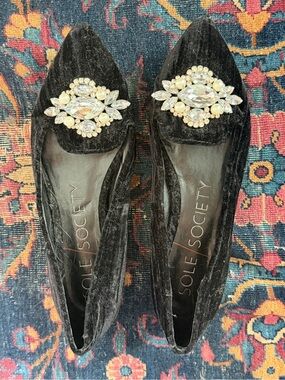 Sole Society Black Velvet Pointed Flats with Crystal Brooch Accent